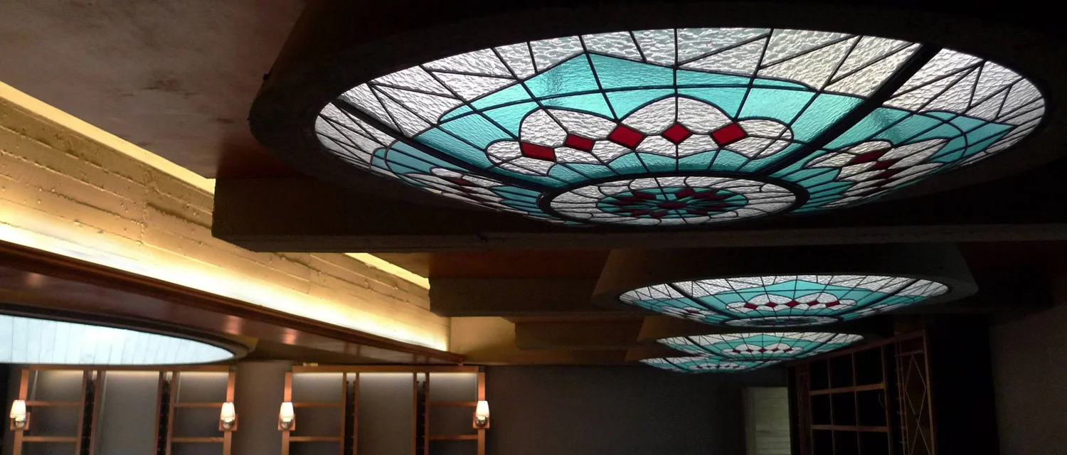Coloured stained glass within the crystal domes overhead
